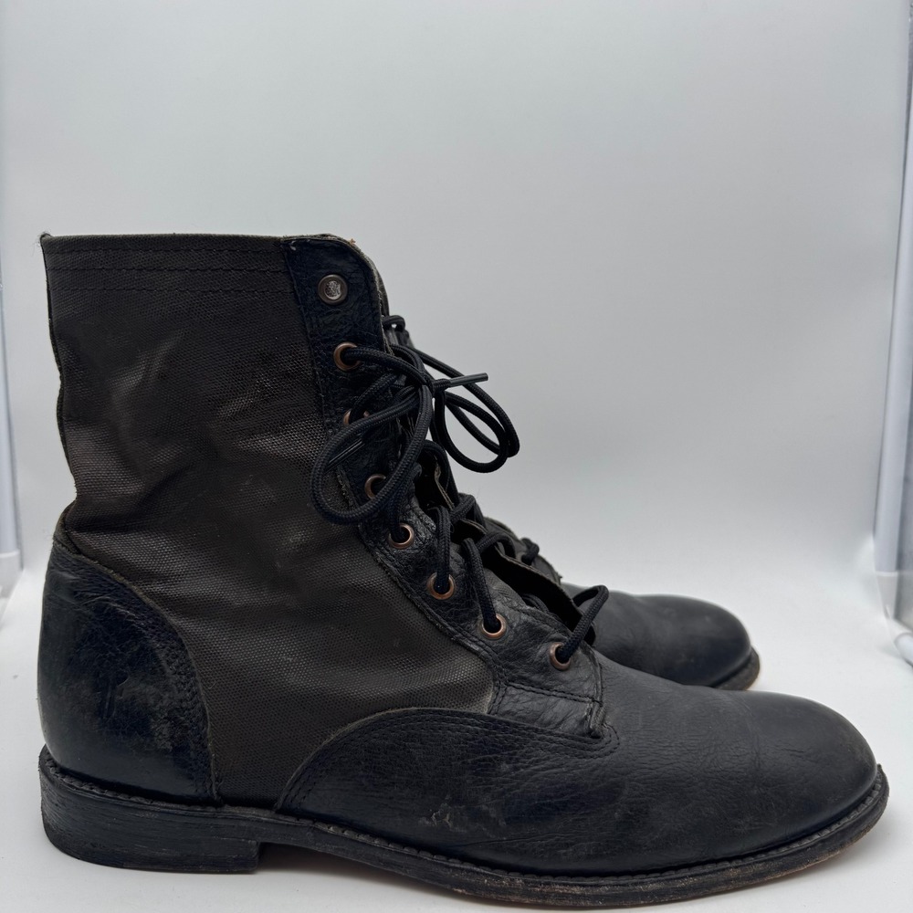 Vintage FRYE Mens Black Leather Canvas Combat Lace Up Boots‎ Size 9.5D
